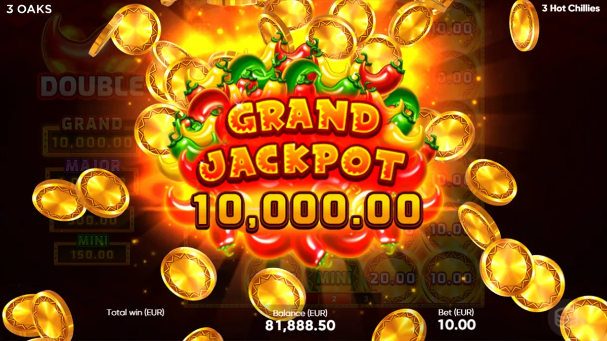 3 Hot Chillies Grand Jackpot 10 000,00 s chilli papričkami a zlatými mincemi